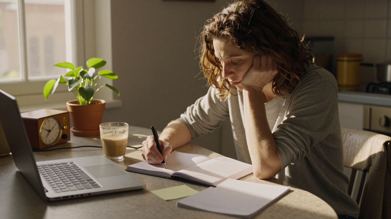 Mulher a escrever numa agenda sentada à mesa com portátil, planta e copo de bebida à sua frente.