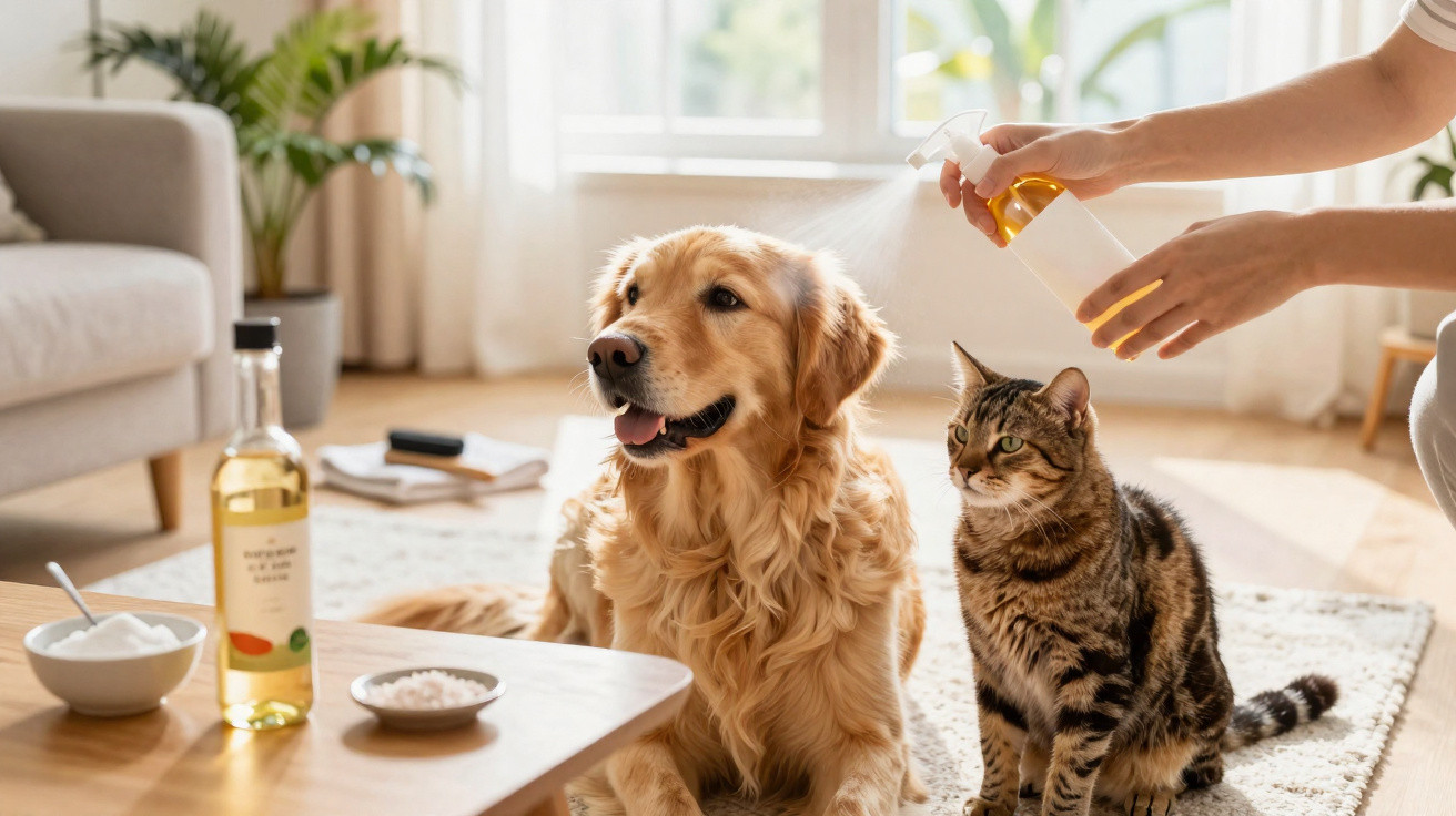 Cão e gato no chão da sala enquanto uma pessoa pulveriza spray perto deles.