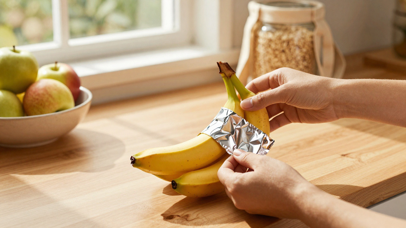 Mãos a embrulhar um cacho de bananas com papel de alumínio numa bancada de cozinha junto a uma tigela de maçãs.