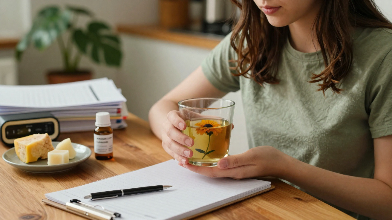 Pessoa a segurar copo com chá à mesa com caderno, caneta, pastilhas, frasco de medicamento e papéis.