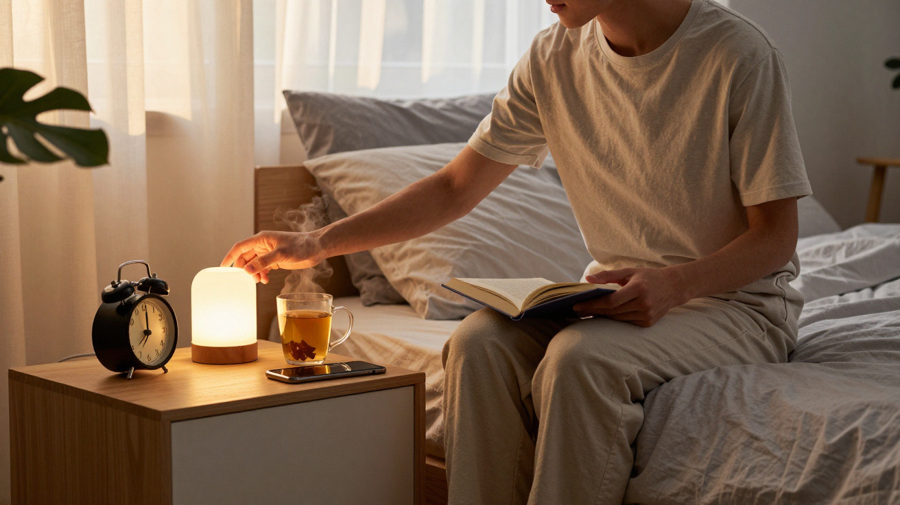 Pessoa sentada na cama a pegar numa lâmpada de cabeceira, com livro, chá e despertador na mesa ao lado.