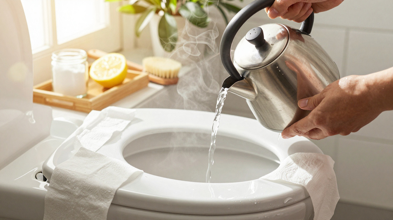 Pessoa a despejar água quente com bule metálico num assento de sanita limpa com papel higiénico.