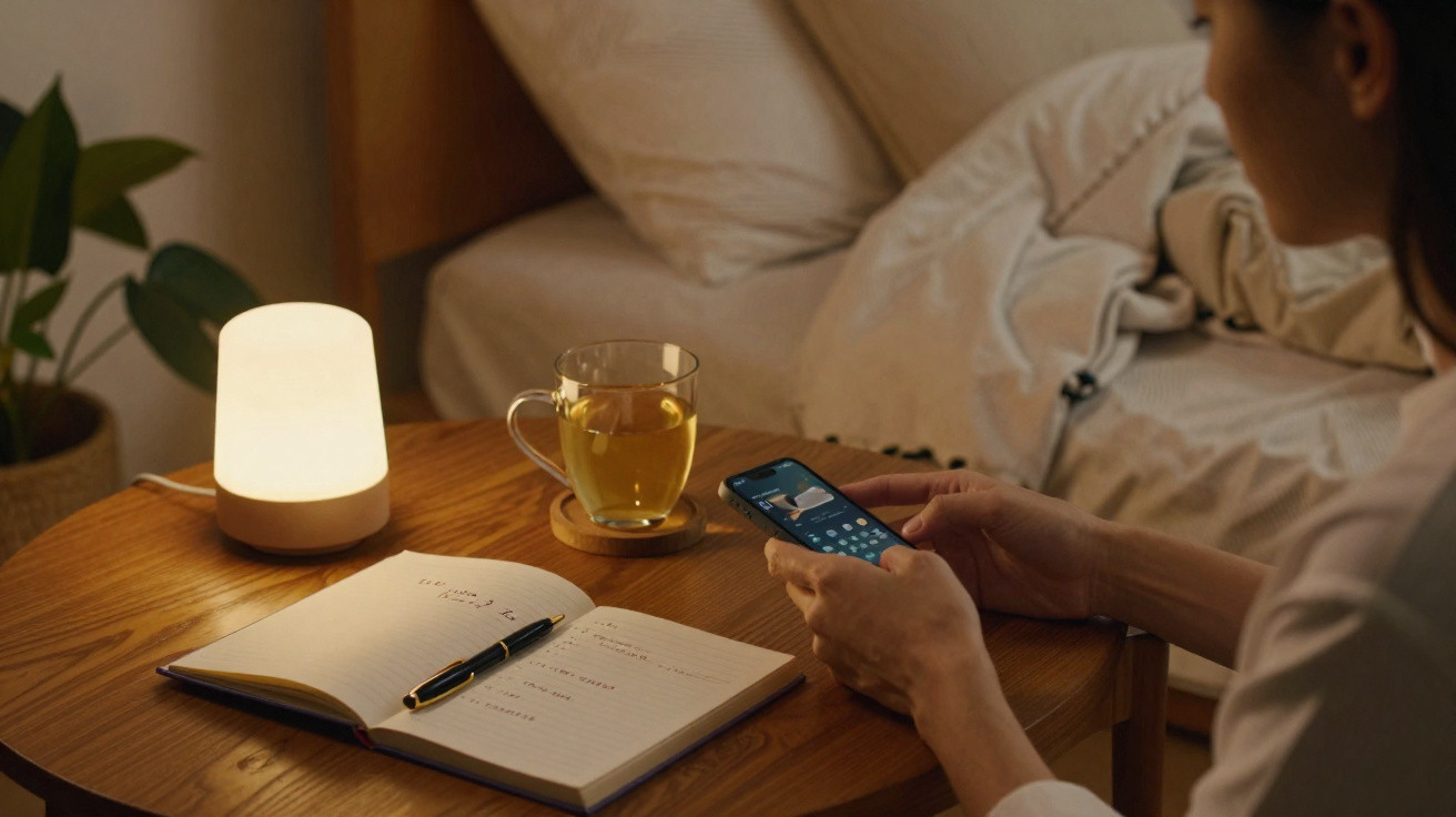 Pessoa sentada junto a mesa com caderno, caneta, chá e candeeiro, usando o telemóvel no quarto.