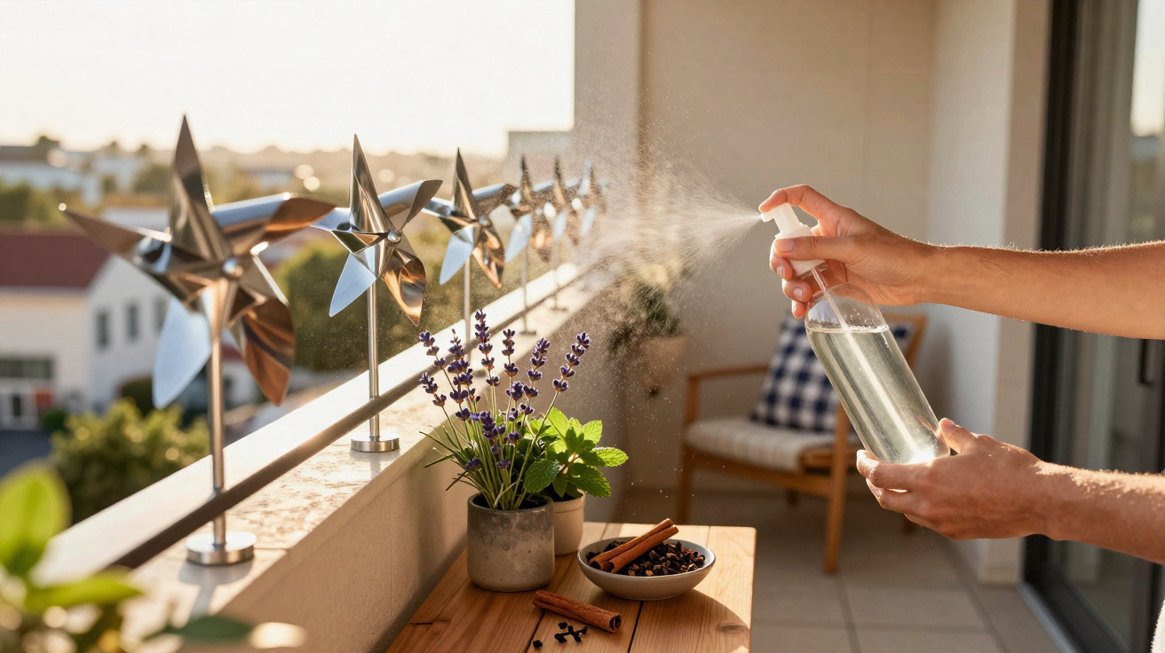 Mãos a pulverizar planta aromática num vaso junto a mesa com especiarias e carril de pinwheels metálicos num terraço.