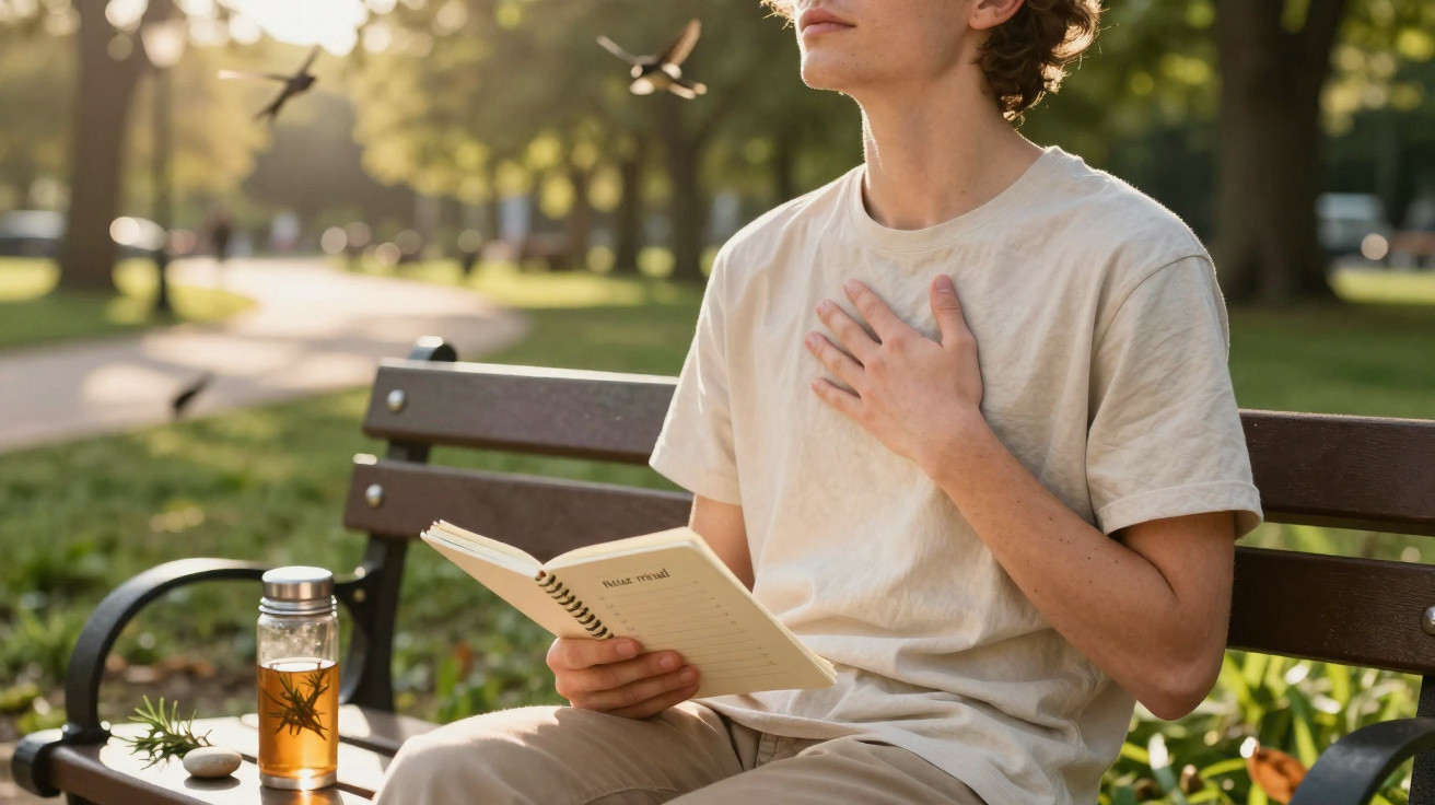 Pessoa sentada num banco no parque, lendo um livro e segurando a mão no peito, com pássaros a voar ao redor.