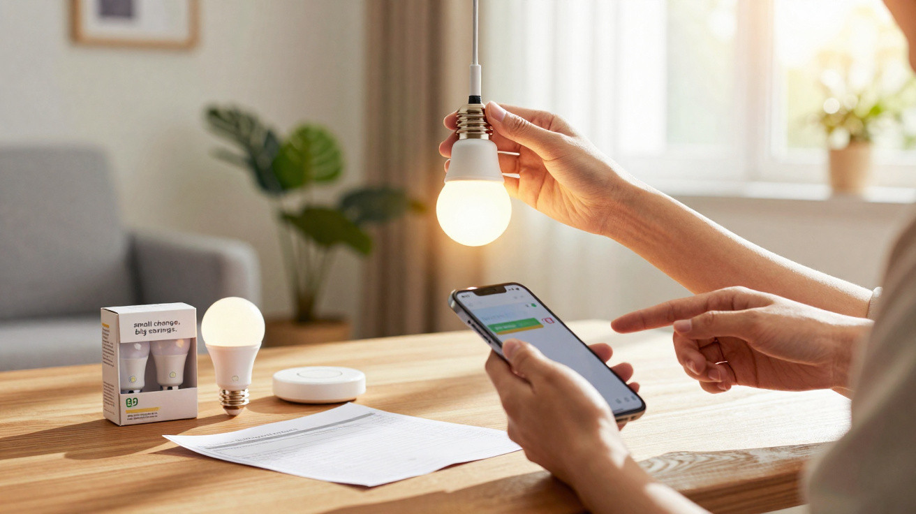 Pessoa a controlar lâmpada inteligente acesa com smartphone numa sala iluminada durante o dia.