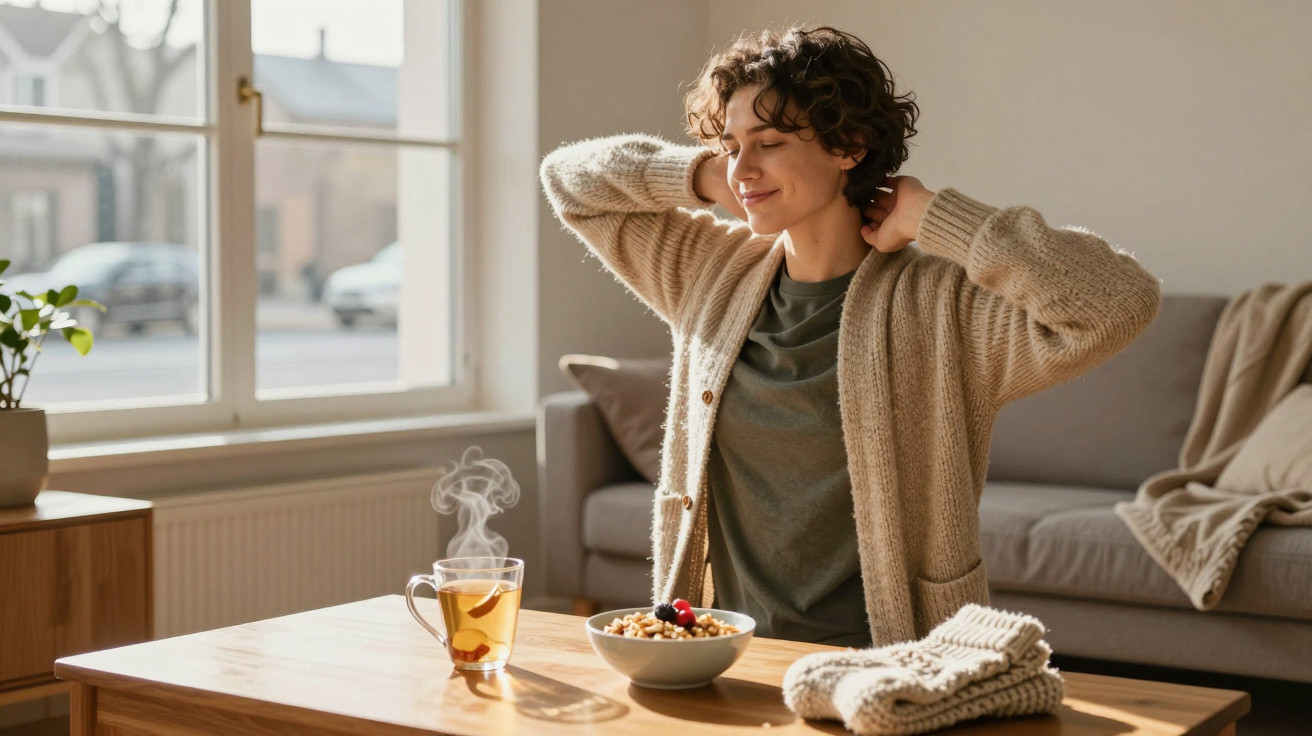 Pessoa a espreguiçar-se sentada numa sala luminosa com chá e tigela de pequeno-almoço na mesa.