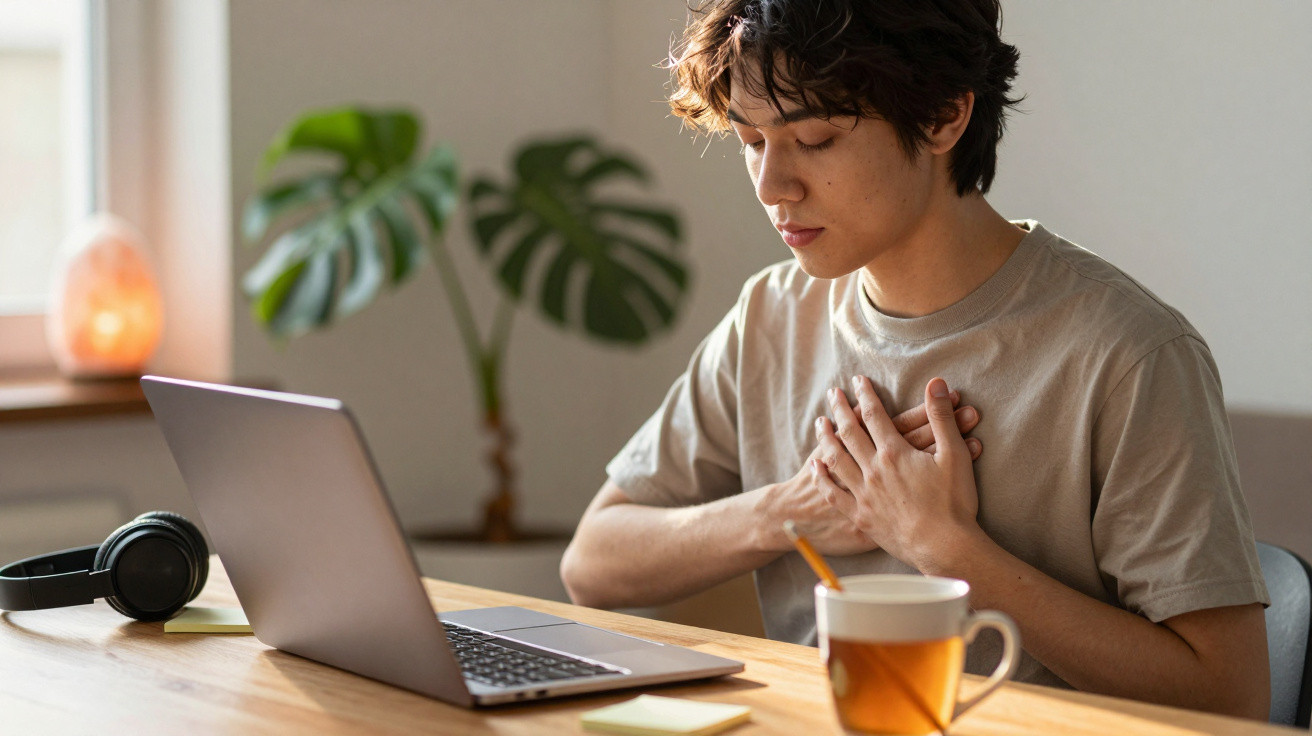 Jovem sentado à mesa com portátil, mãos sobre o peito, parecendo sentir dor ou desconforto.