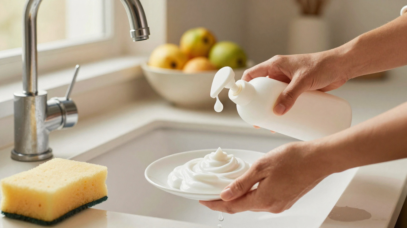 Pessoa a verter detergente branco espumoso numa loiça junto a uma esponja amarela na pia da cozinha.