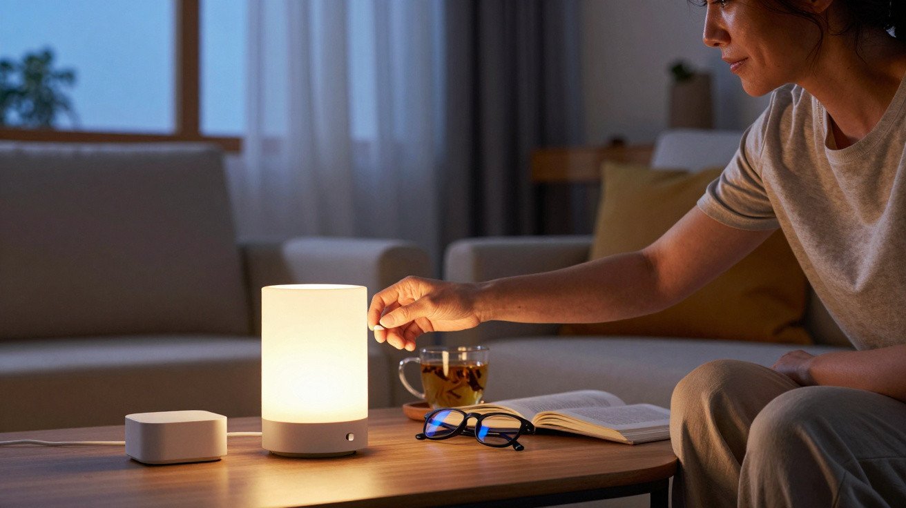 Pessoa a acender ou apagar candeeiro de mesa numa sala com chá, óculos e livro numa mesa de madeira.