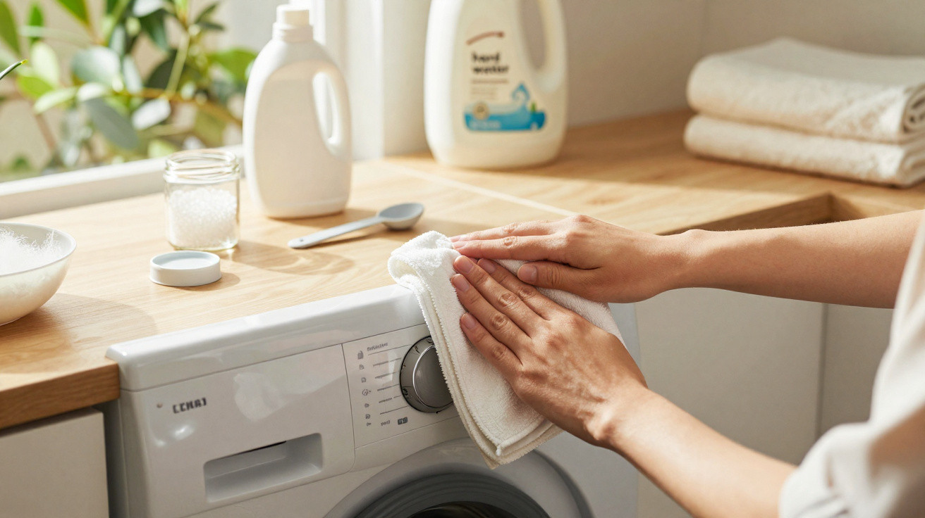 Mãos a limpar a superfície de uma máquina de lavar roupa com um pano branco num ambiente luminoso e organizado.