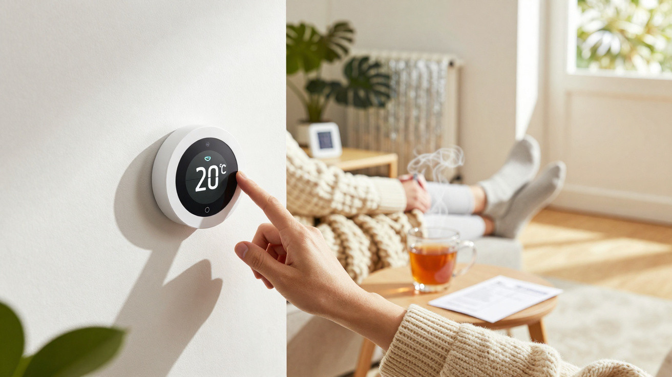 Mão a ajustar termóstato digital para 20°C numa sala de estar com luz natural e chá numa mesa.