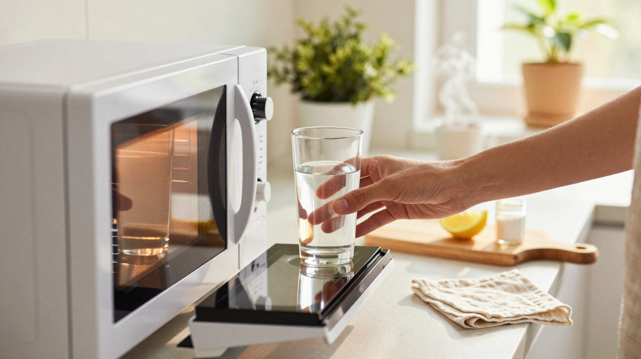 Mão a colocar copo de água dentro do micro-ondas numa cozinha iluminada com plantas e frutas ao fundo.