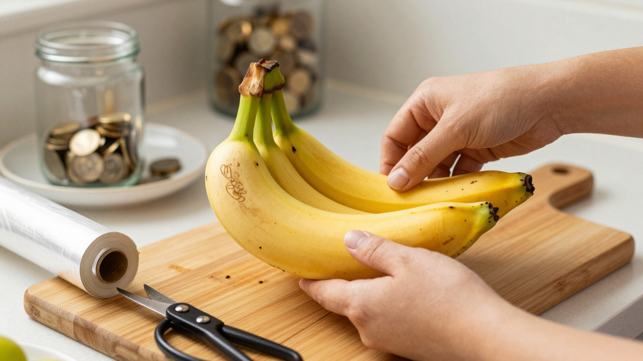 Mãos a segurar um cacho de bananas sobre uma tábua de cortar, com tesoura e frascos com moedas ao fundo.