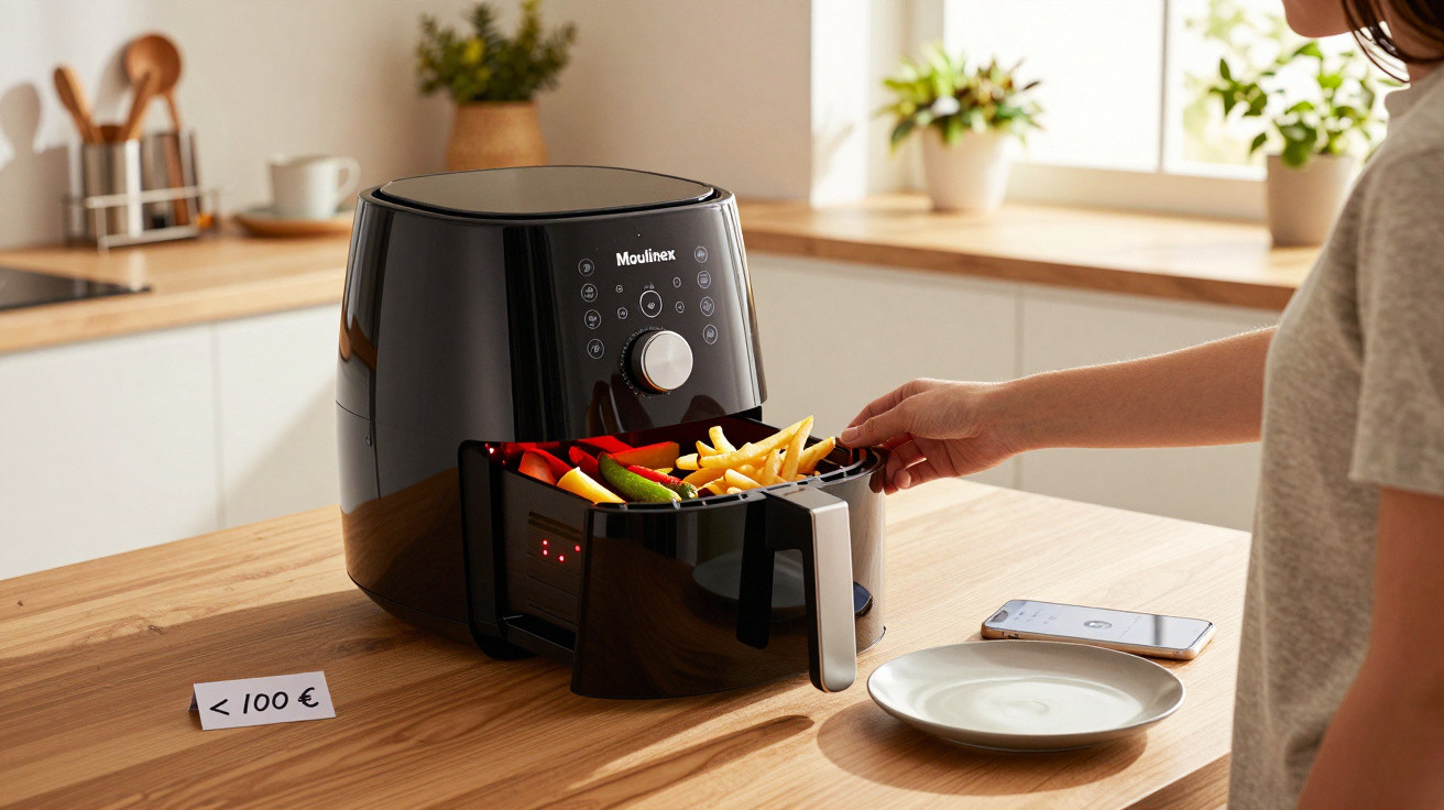 Pessoa a retirar batatas fritas e legumes de uma fritadeira elétrica preta na cozinha moderna.