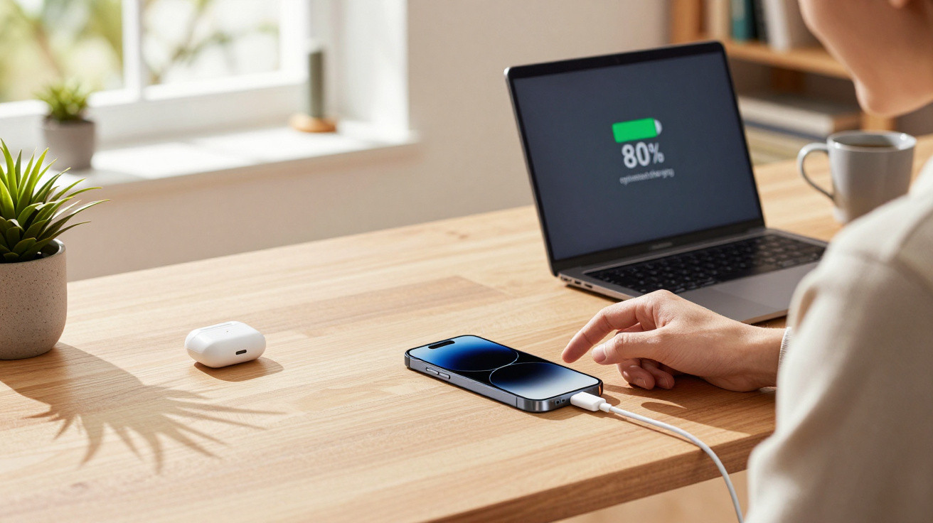 Pessoa a carregar telemóvel com cabo USB em secretária com computador portátil e materiais de escritório.