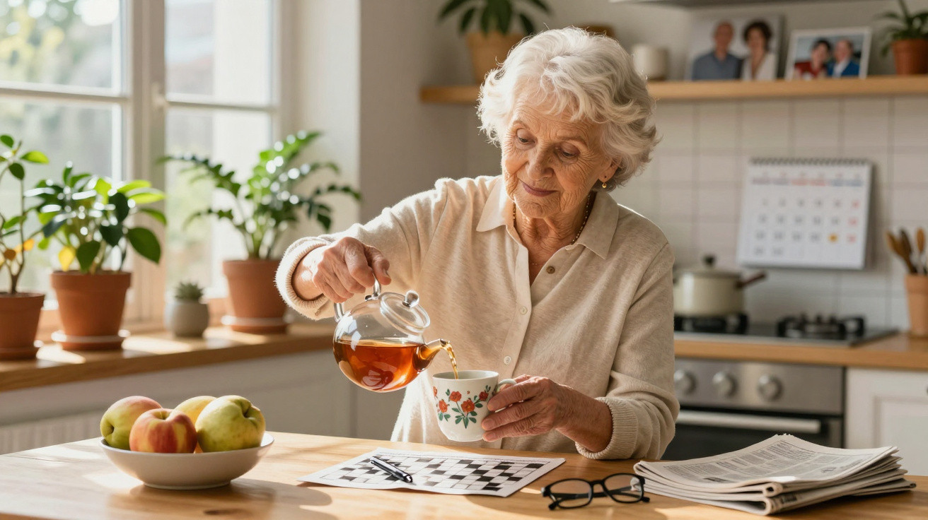 Idosa a servir chá numa caneca, sentada à mesa da cozinha com fruta, jornal e palavras cruzadas.