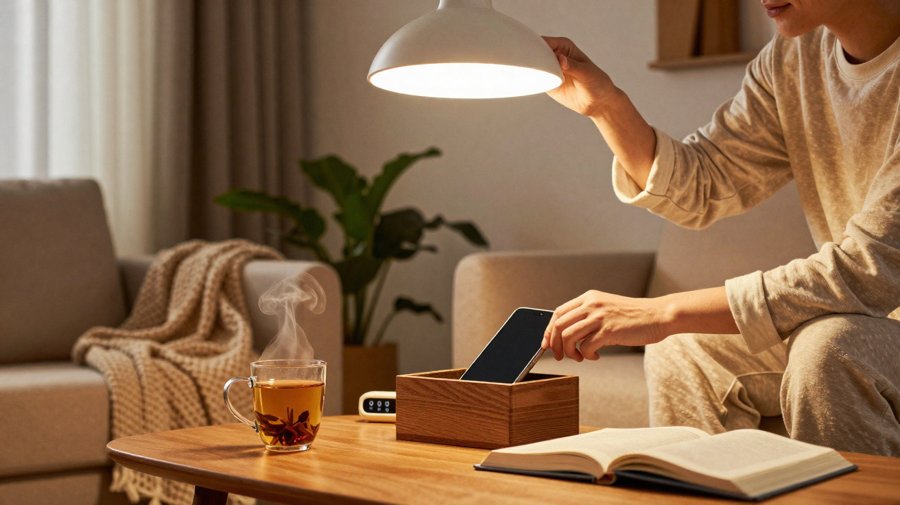 Pessoa a guardar telemóvel numa caixa de madeira numa sala aconchegante com chá e livro na mesa de madeira.