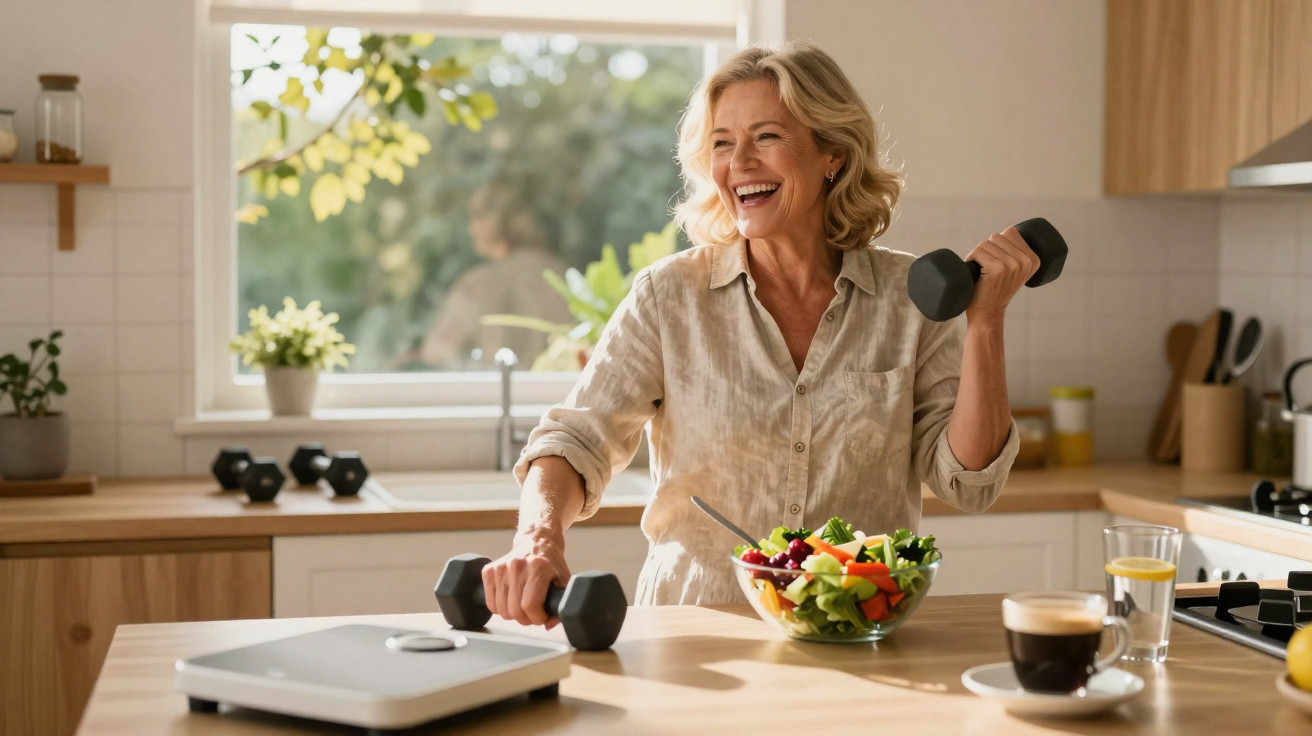 Mulher madura sorri enquanto faz exercícios com halteres na cozinha junto a uma salada e bebida.