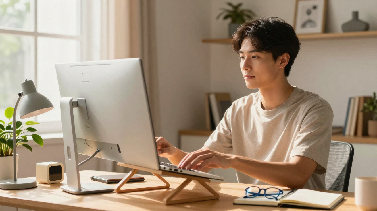 Jovem a trabalhar num computador com mesa organizada, planta, cadernos e óculos num ambiente luminoso.