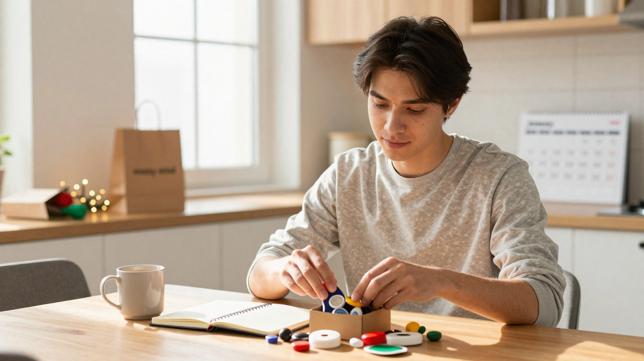 Jovem sentado à mesa a montar puzzle com peças coloridas enquanto toma chá e tem um caderno aberto.
