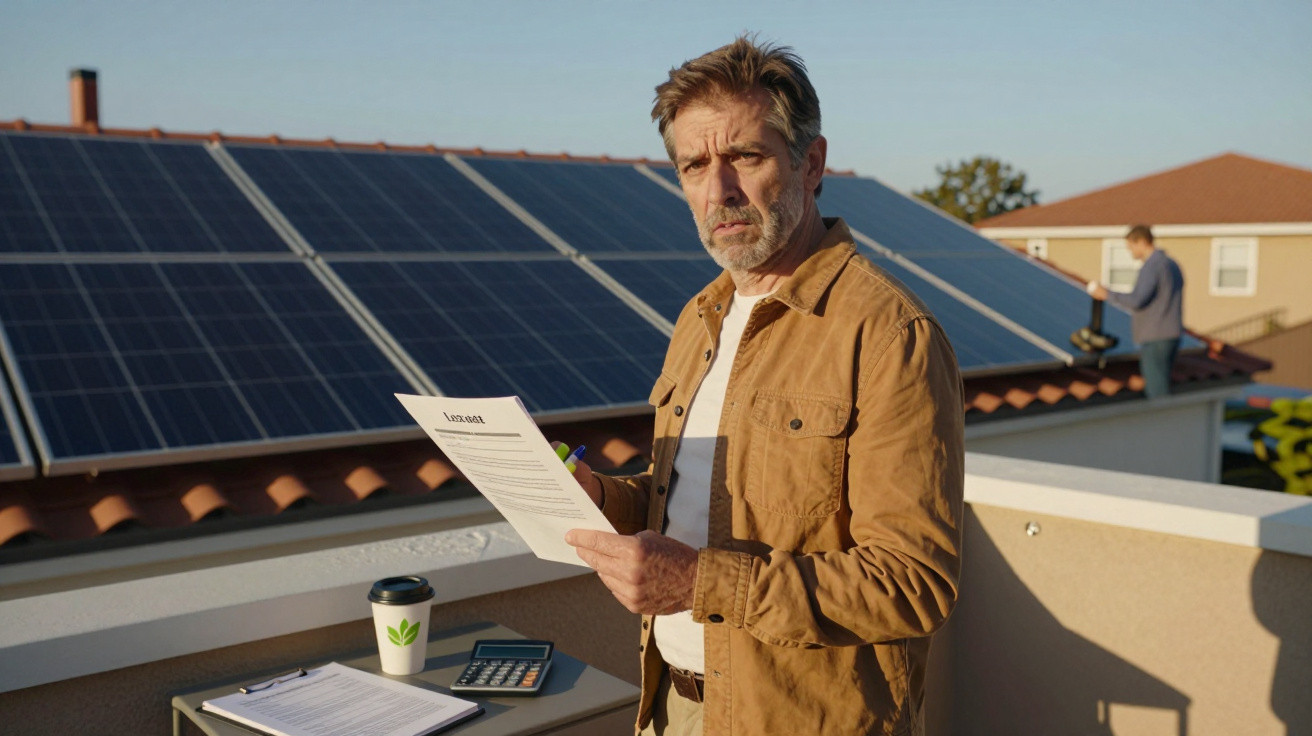 Homem segurando papel num terraço com painéis solares e uma mesa com calculadora e café.