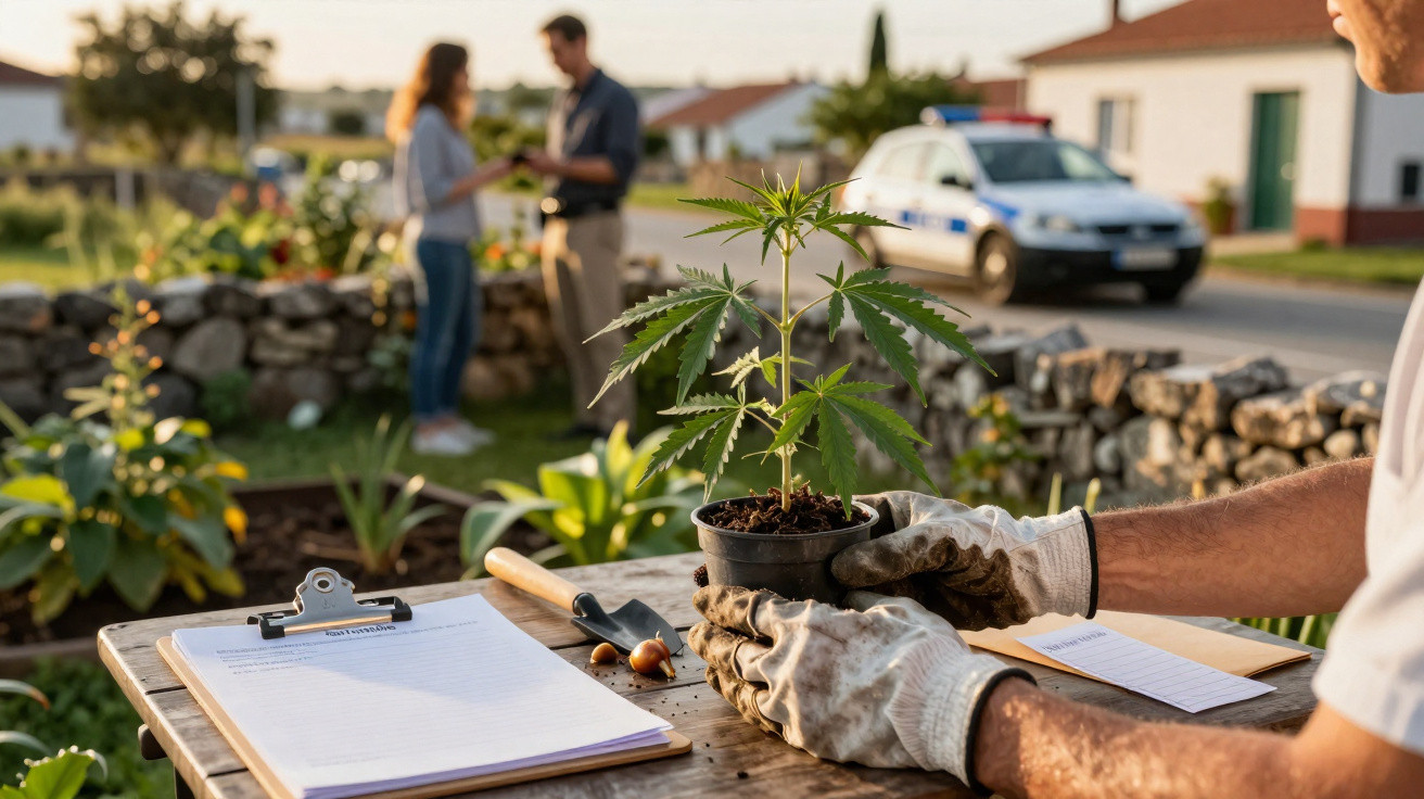 Pessoa com luvas segurando planta de canábis em vaso, polícia e casal ao fundo numa rua residencial.