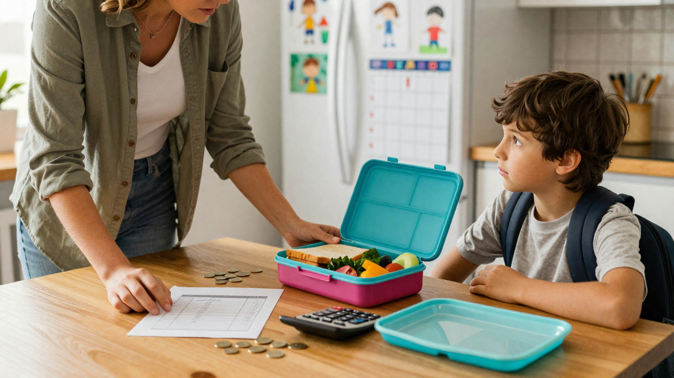 Mulher prepara almoço para menino com mochila na cozinha, com moedas e calculadora na mesa.