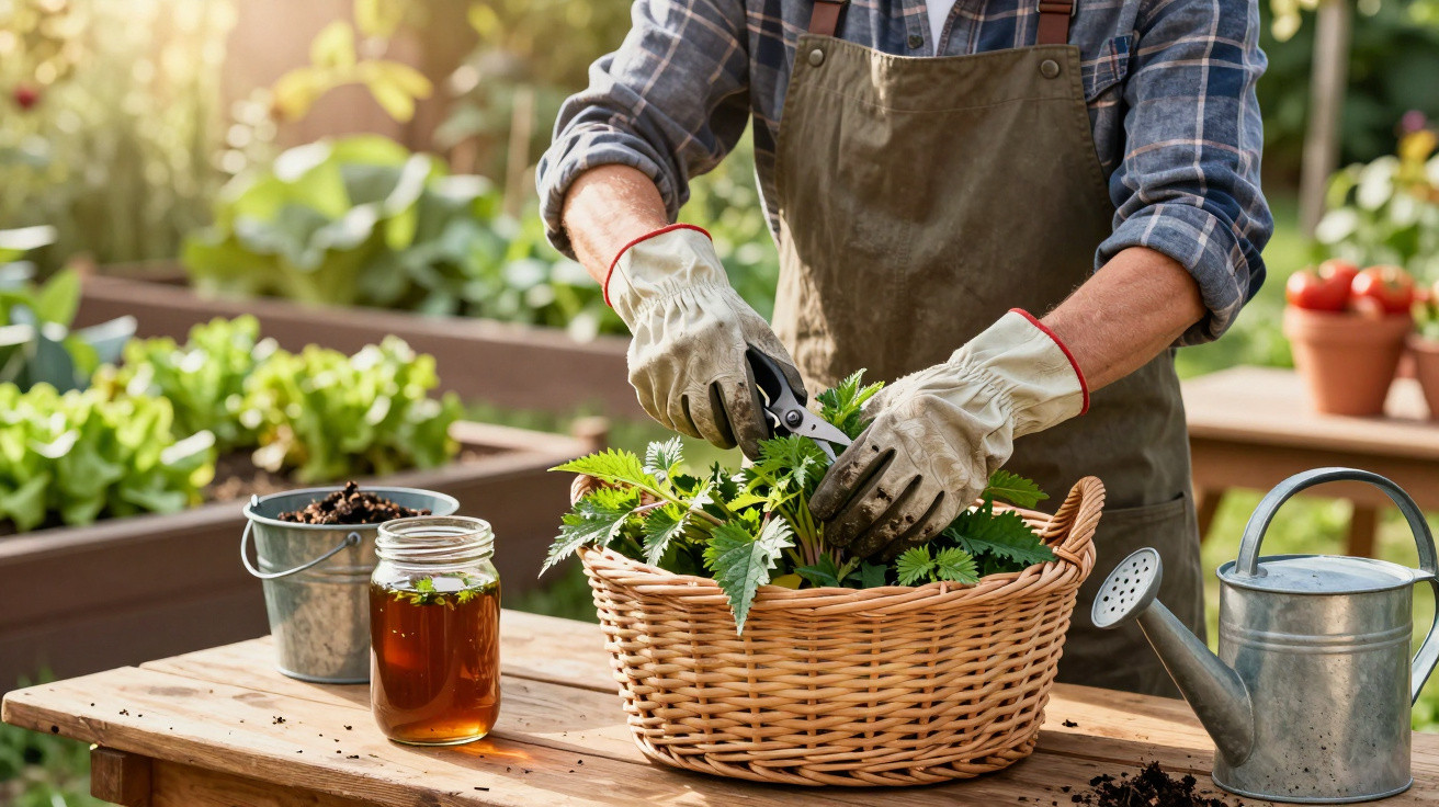 Pessoa a cortar urtigas com tesoura em cesta de vime num espaço de jardinagem ao ar livre.