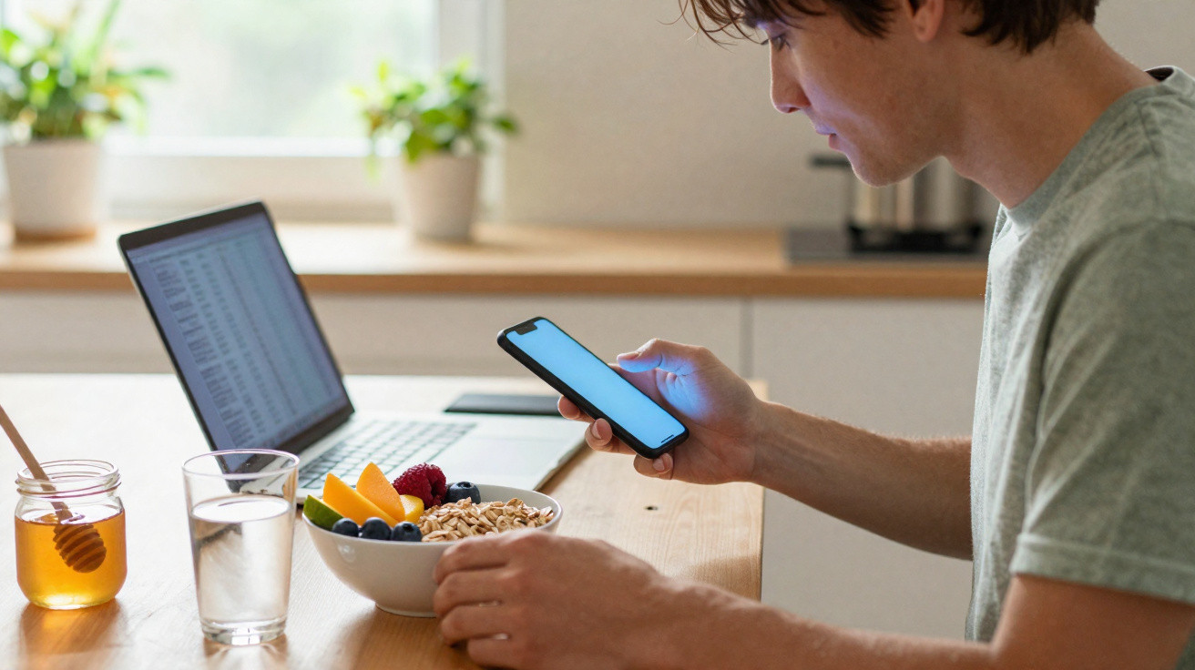 Pessoa a usar smartphone enquanto toma pequeno-almoço com laptop aberto numa cozinha iluminada.