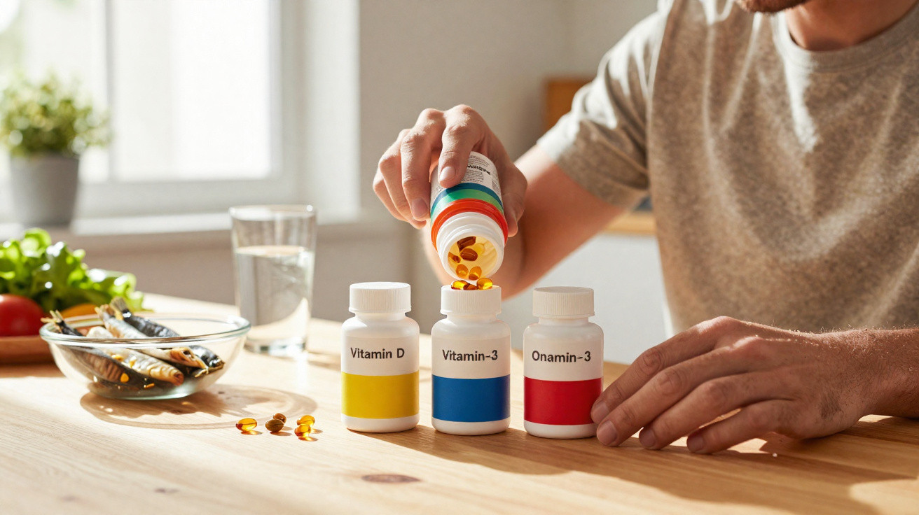 Pessoa a verter cápsulas de suplemento de uma embalagem para frasco etiquetado com Vitamin D, Vitamin-3 e Onamin-3.