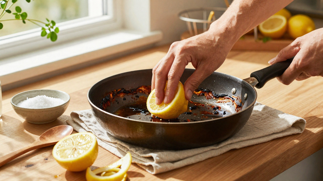 Mãos espremem meio limão numa frigideira com molho caramelizado, numa cozinha com luz natural.