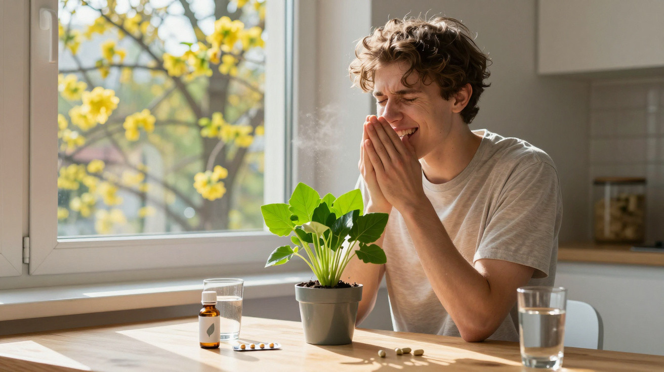 Homem com alergia espirra ao lado de plantas e medicamentos numa mesa junto a uma janela com flores amarelas.