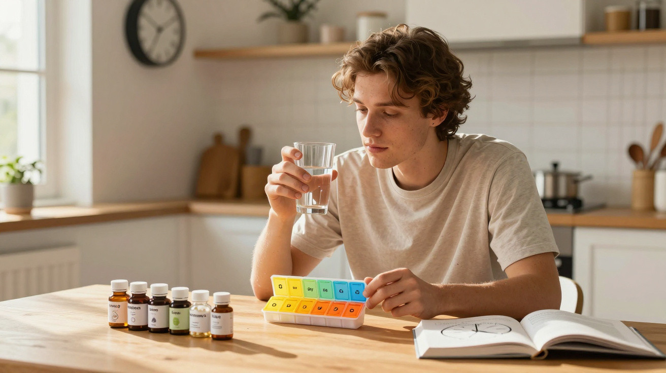 Homem sentado à mesa a tomar medicação com copo de água e organizador semanal de comprimidos num ambiente luminoso.