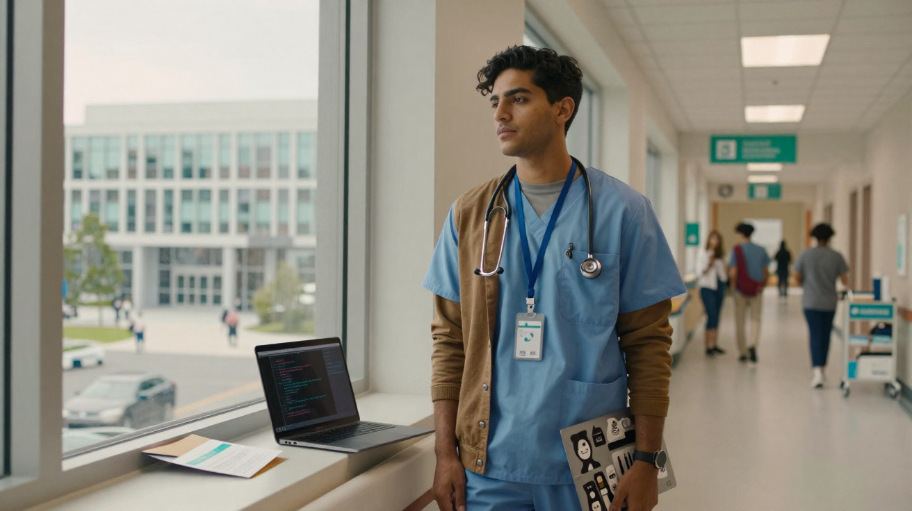 Jovem médico com bata azul e estetoscópio está na janela de um hospital, olhando para fora, segurando um tablet.