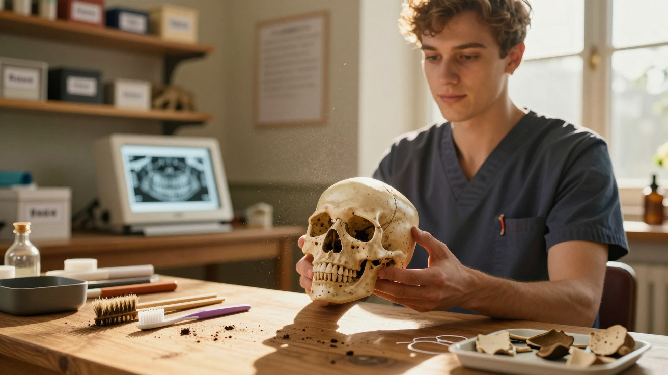 Jovem em uniforme médico examina crânio humano numa mesa com utensílios dentários e radiografia ao fundo.