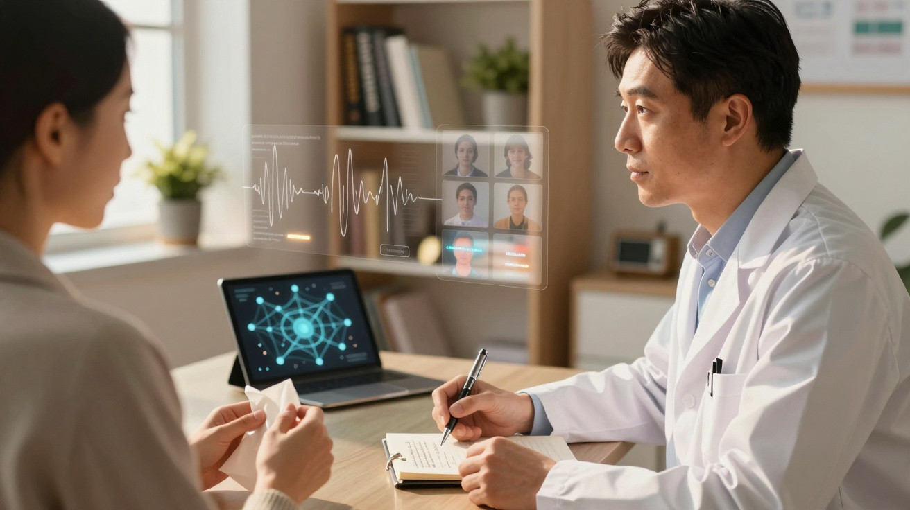 Médico asiático a analisar dados de saúde digitais enquanto conversa com paciente numa consulta.