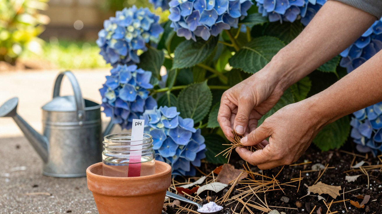 Mãos juntando agulhas de pinheiro perto de jarro com medidor de pH e flores azuis no jardim.