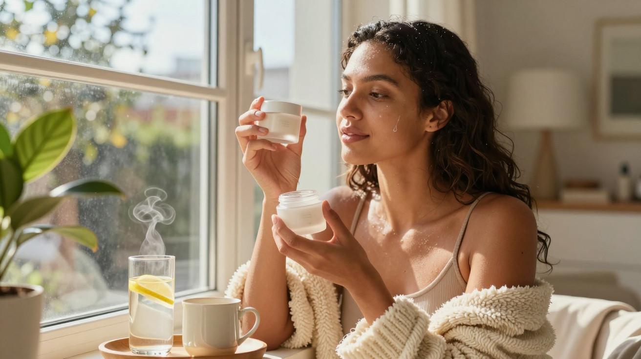 Mulher a aplicar creme hidratante no rosto sentada junto a uma janela com bebida quente e água com limão.