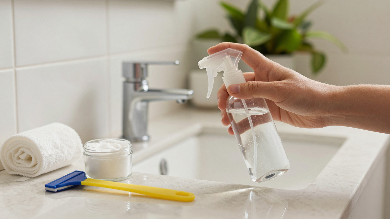 Mão feminina a segurar borrifador transparente numa casa de banho com lâmina, toalha e creme sobre a pia.
