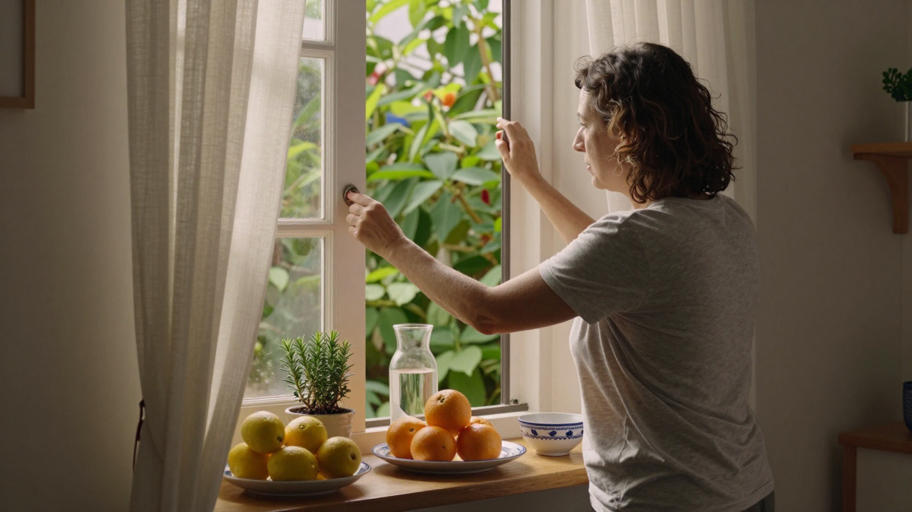 Mulher de camisola cinza a abrir janela numa cozinha com frutas e jarra de água à frente.