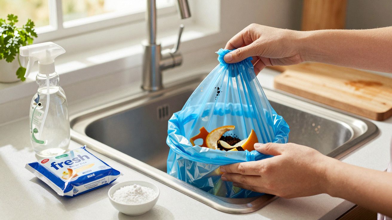 Mãos a fecharem um saco de lixo azul com restos de alimentos junto a uma pia de cozinha.