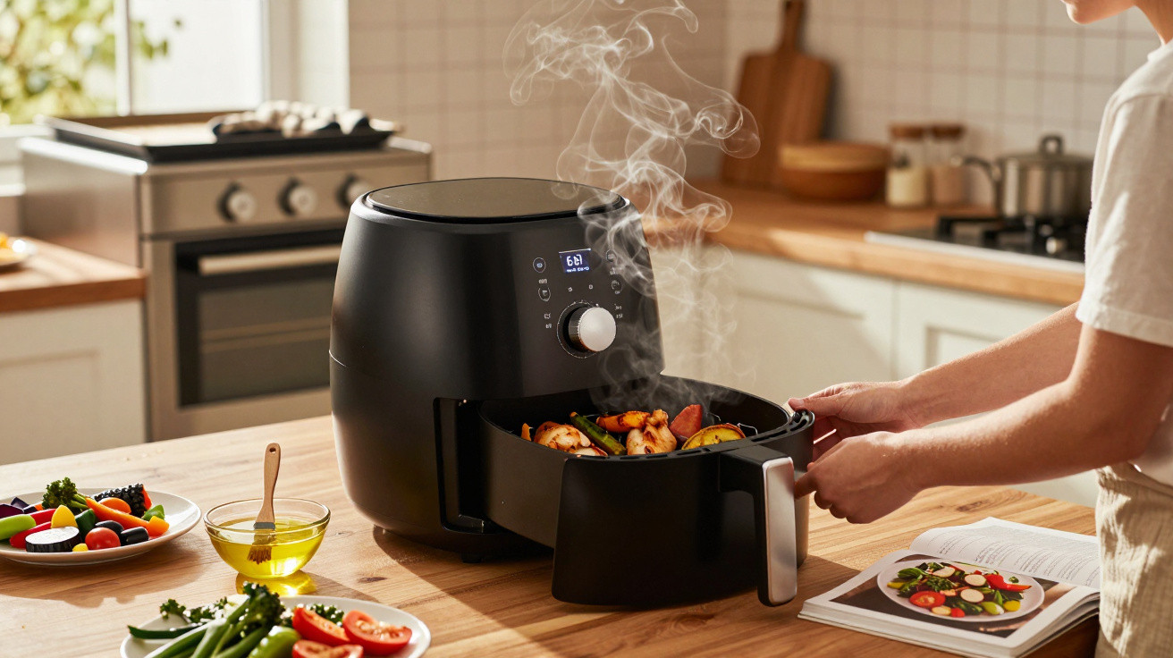 Pessoa a retirar cesto quente de air fryer preta com legumes cozinhados e vapor numa cozinha moderna.