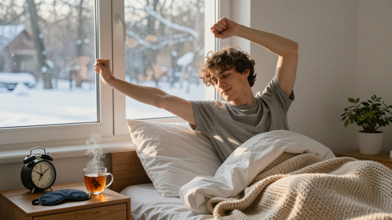 Jovem a espreguiçar-se na cama ao amanhecer perto de uma janela com paisagem de inverno e chá quente na mesa de cabeceira.
