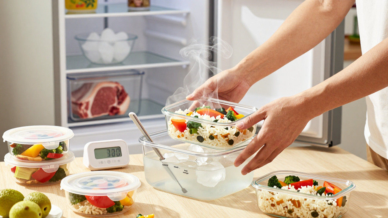 Pessoa a cozinhar comida saudável em recipientes de vidro com legumes e arroz, junto ao frigorífico aberto.
