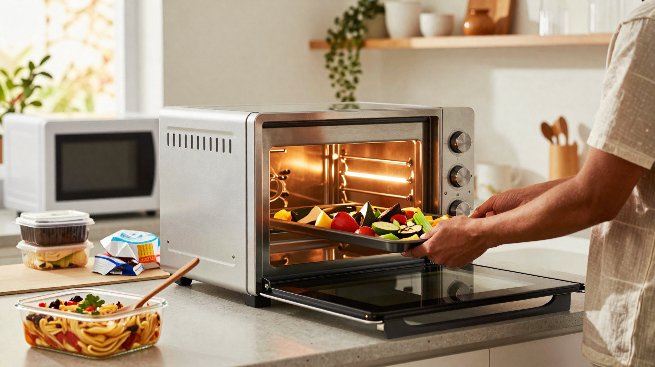 Pessoa a colocar tabuleiro com legumes num forno elétrico numa cozinha moderna.
