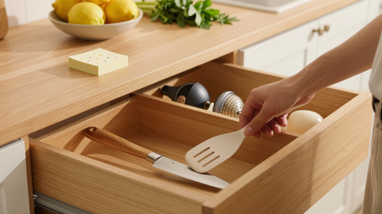 Gaveta de cozinha em madeira com utensílios e mão a pegar uma espátula branca.