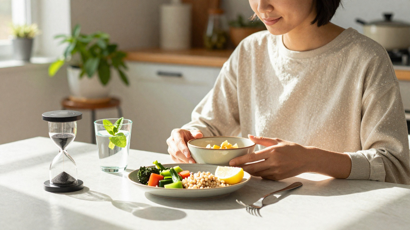 Pessoa sentada a preparar uma refeição saudável com legumes, cereais e um copo de água na mesa iluminada pelo sol.
