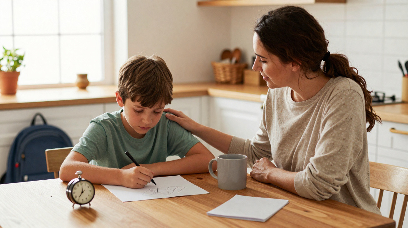 Mãe apoia filho enquanto ele desenha numa mesa, numa cozinha iluminada pela luz natural.