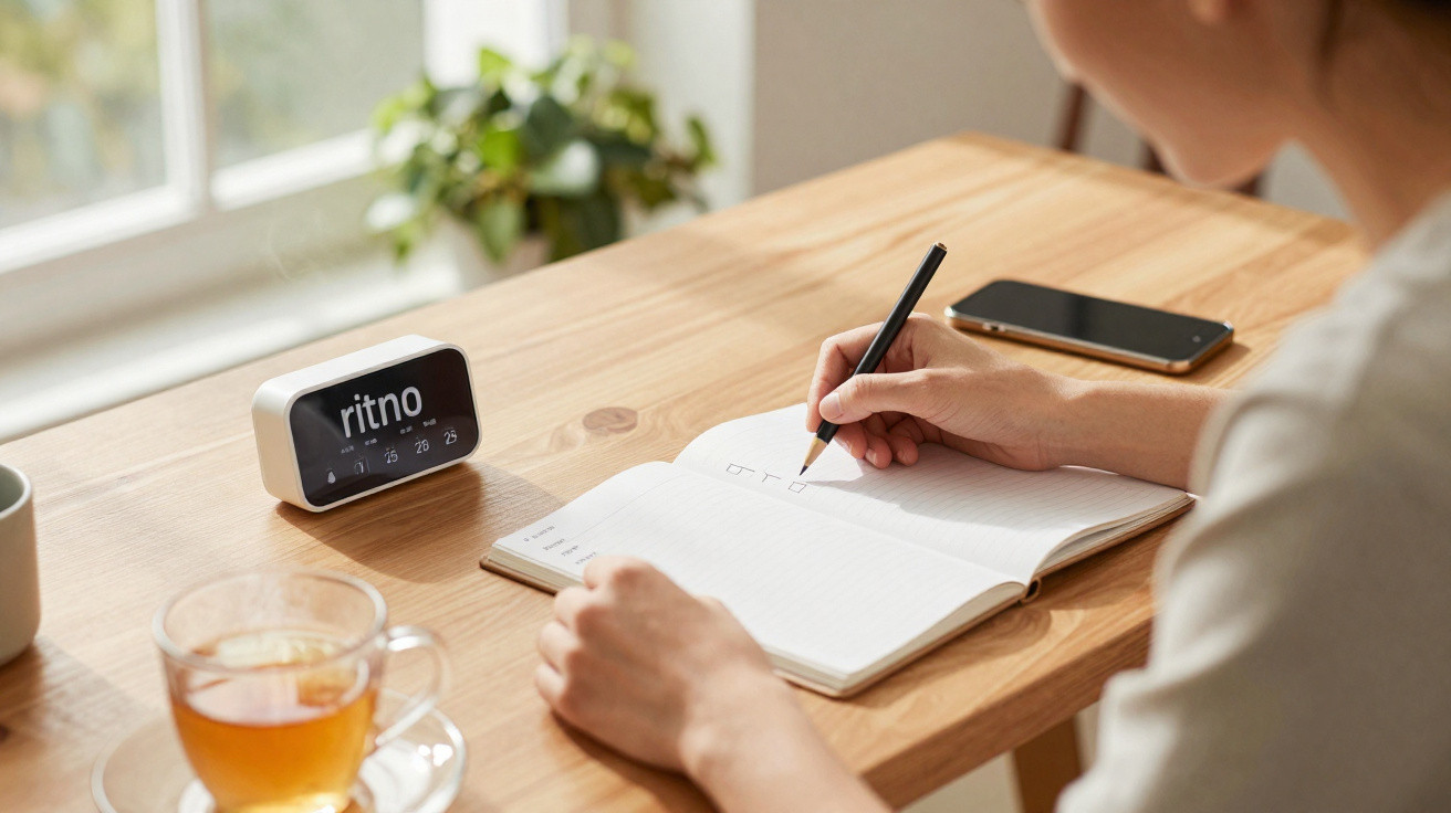 Pessoa a escrever num caderno com relógio digital, chá e telefone numa mesa de madeira junto à janela.